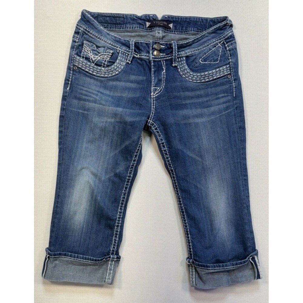 Vigoss Womens Capri Jeans Size 9 Mid-Rise Blue Denim Stretch Embroidered Pockets
